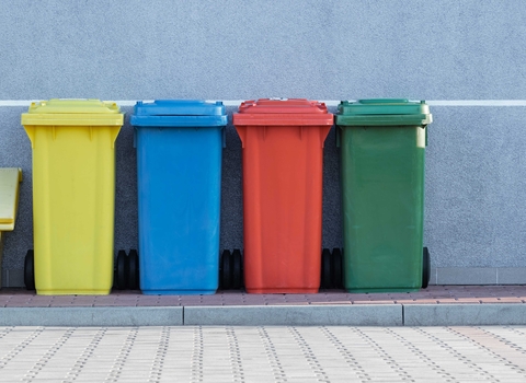 Photo of yellow, blue, red and green bins in a line